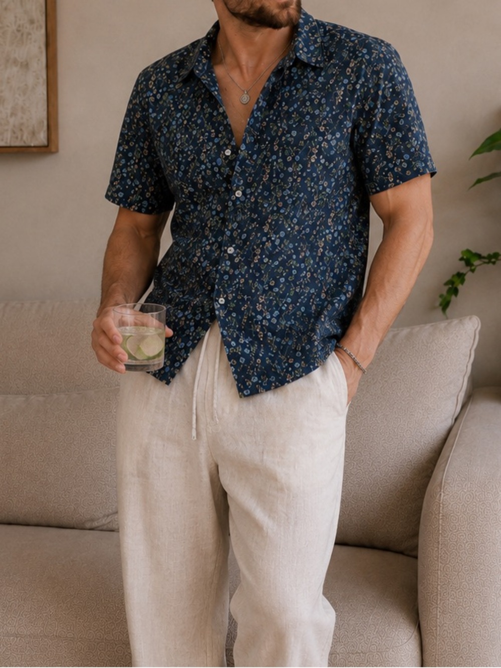 Sonoma Goods For Life Navy Blue Floral Button Down Cotton Shirt Cottagecore Sz S